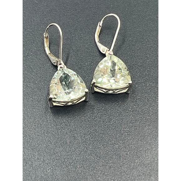 DK 925 Designer Sterling Silver Trillion Cut Green Amethyst Leverback Earrings - Picture 7 of 10